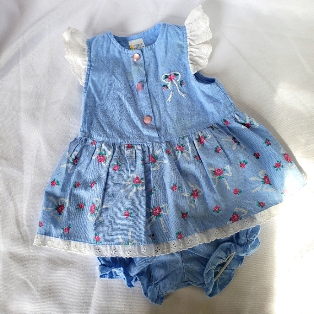 Baby Blue Floral Print Dress and Diaper Cover Set Pink Roses Lace Trim Baby Girl - Picture 8 of 8